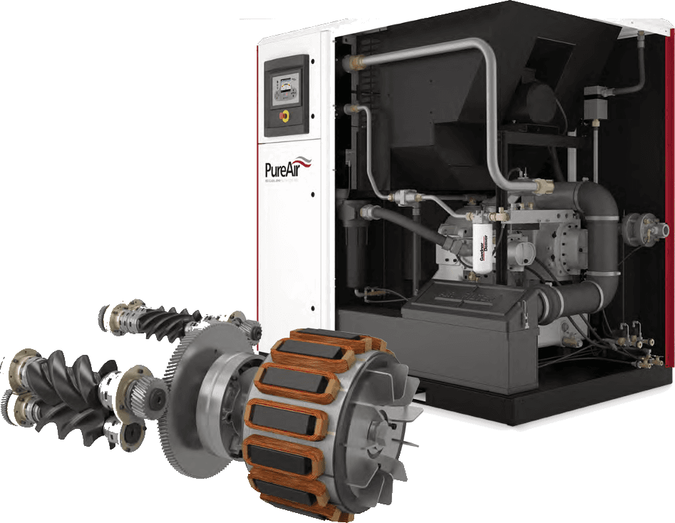 Gardner Denver PureAir screw compressor with the rotor and motor assembly exposed